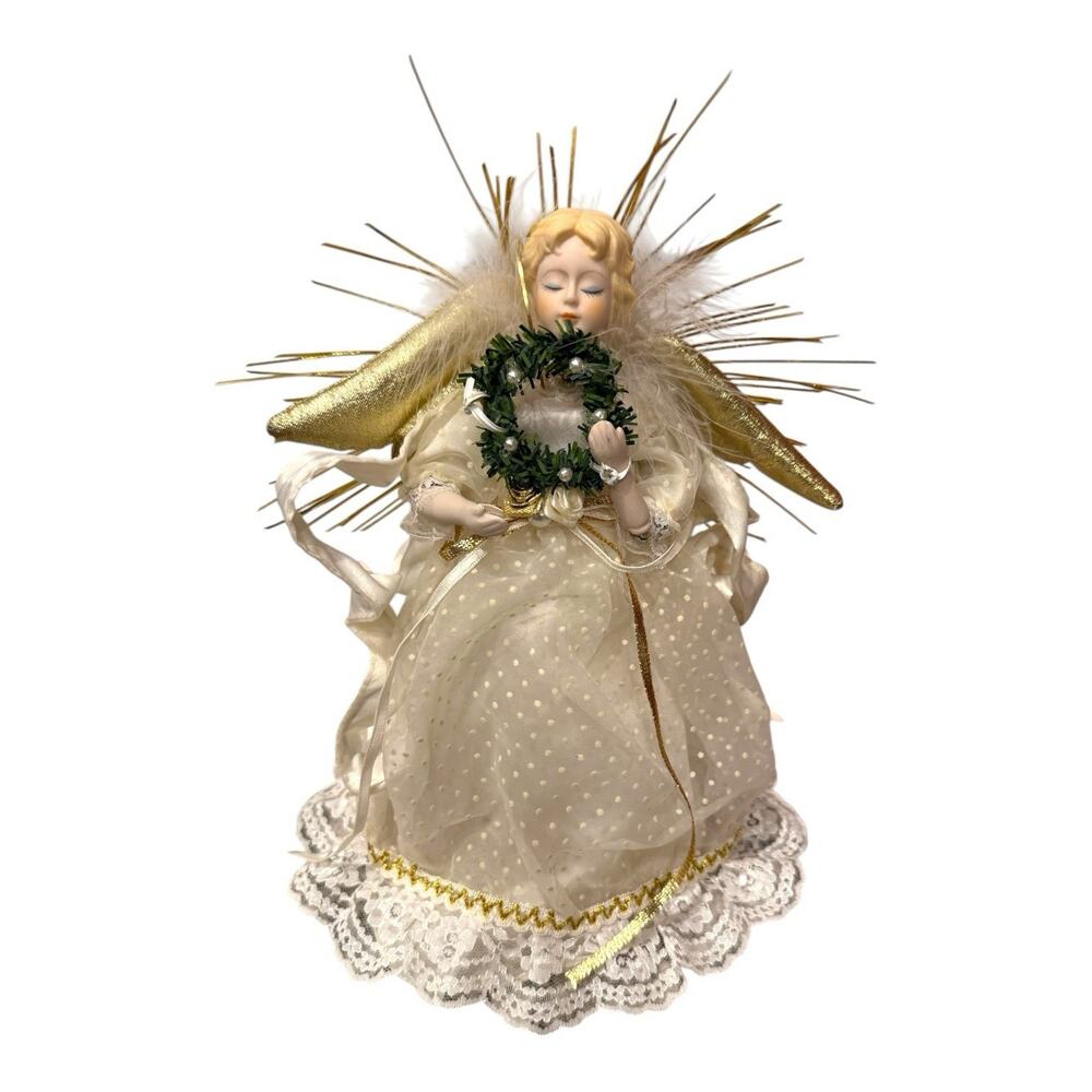 Vintage Porcelain Christmas Angel Tree Topper White Gold‎ 9" Non-illuminated EUC